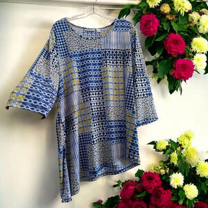 Susan Graver Tunic Blouse Womens XL Blue & White Floral Stripes 3/4 Bell Sleeves